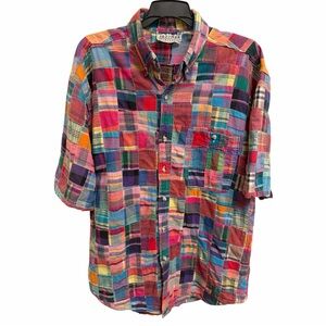 VTG JAZZMAN SPORTSWEAR CLASSIC PATCHWORK MADRAS COTTON PLAID BUTTON UP SZ M